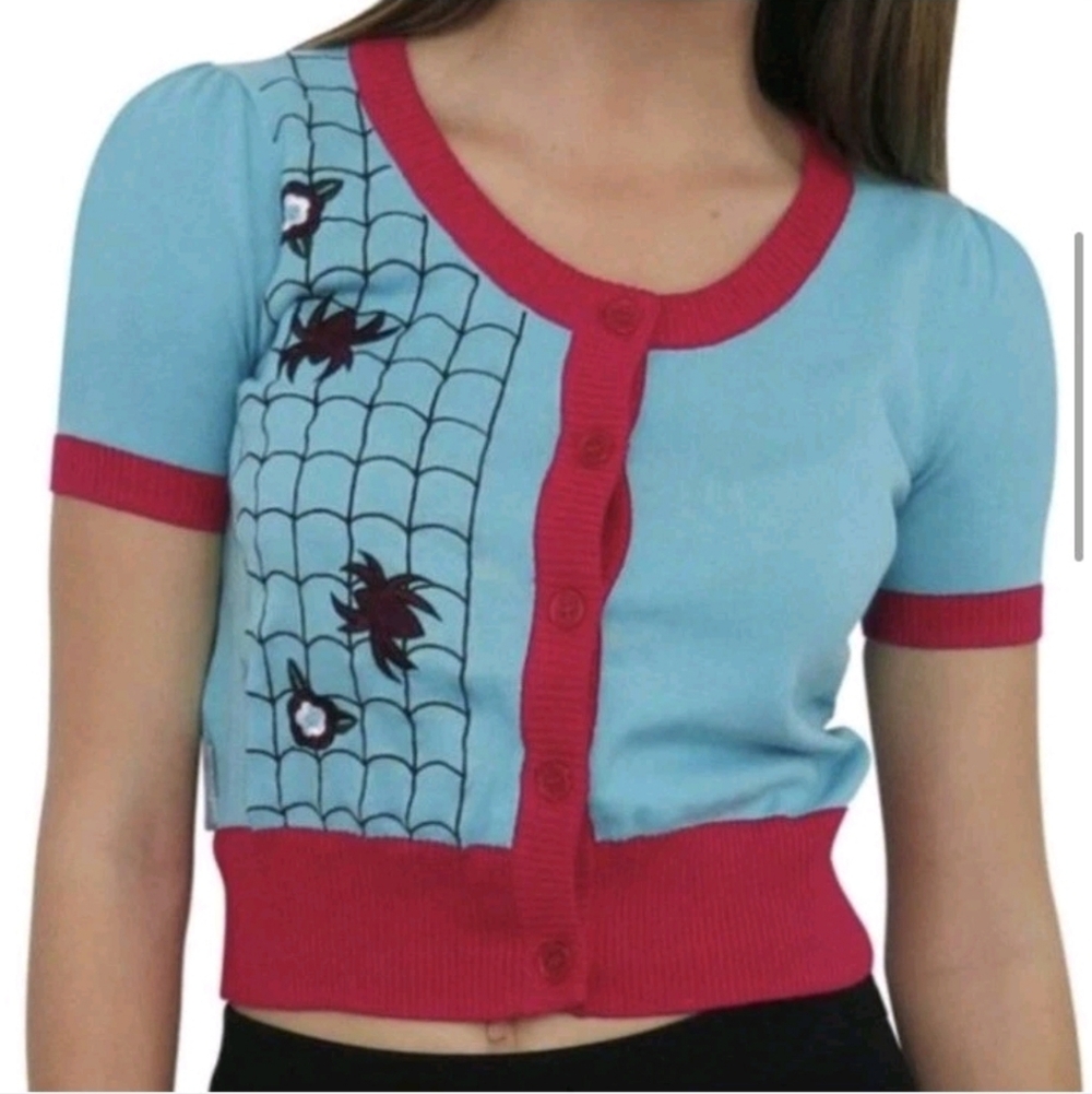 NWT Spiderman Sweater Women’s Gwen Web Cardigan Blue Short Sleeve Cosplay Size M